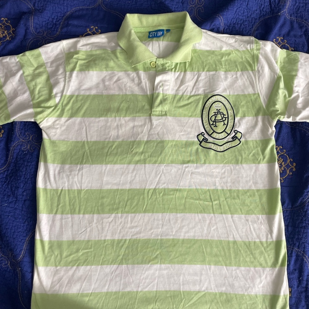 Green and White Striped Polo Shirt